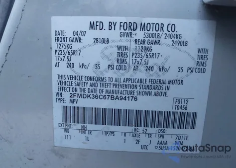 2007 Ford Edge Se из США, поврежденный, VIN 2FMDK36C67BA94176